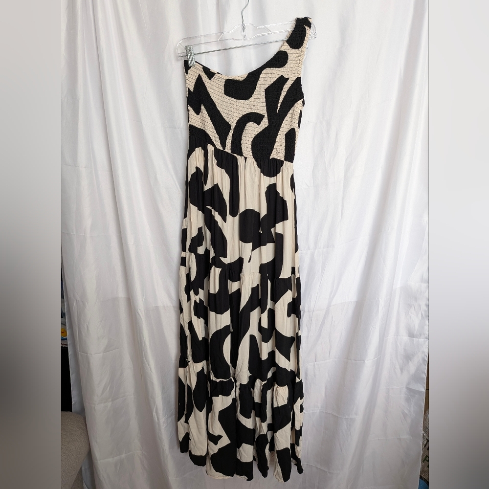Abel The Label One-Shoulder Black & Cream Patterned Maxi Dress Size Small